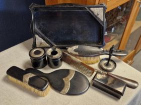 Antique Victorian Ebony Wood London Hallmarked Silver Ladies Dressing Table Set