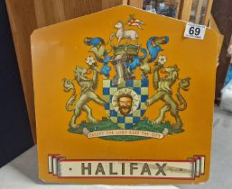 Vintage Metallic Halifax Coat of Arms Transport Advertising Sign - 'Except the Lord, Keep the City',