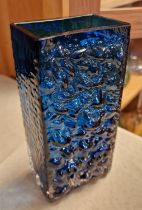 1960s Rectangular Whitefriars Turquoise Kingfisher Blue Art Glass Vase - poss. Josef Schott, 19cm ta