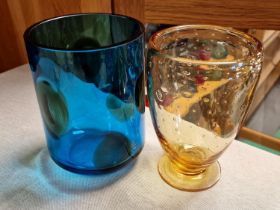 Pair of Designer Whitefriars Glasses - one in Kingfisher Blue with applied green spots, other Honey
