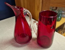 Pair of Vintage 1960s Whitefriars Ruby Red 9419 Pieces including Jug and Mug - jug 18cm tall, mug 14