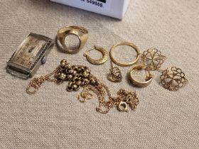 Collection of 9ct Gold Scrap Examples (12.1g total) plus an Art Deco Silver and Marcosite Watch