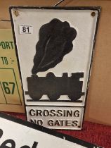 Cast Iron Railway Train 'Crossing No Gates' Safety Advertising Warning Sign - 48x25cm