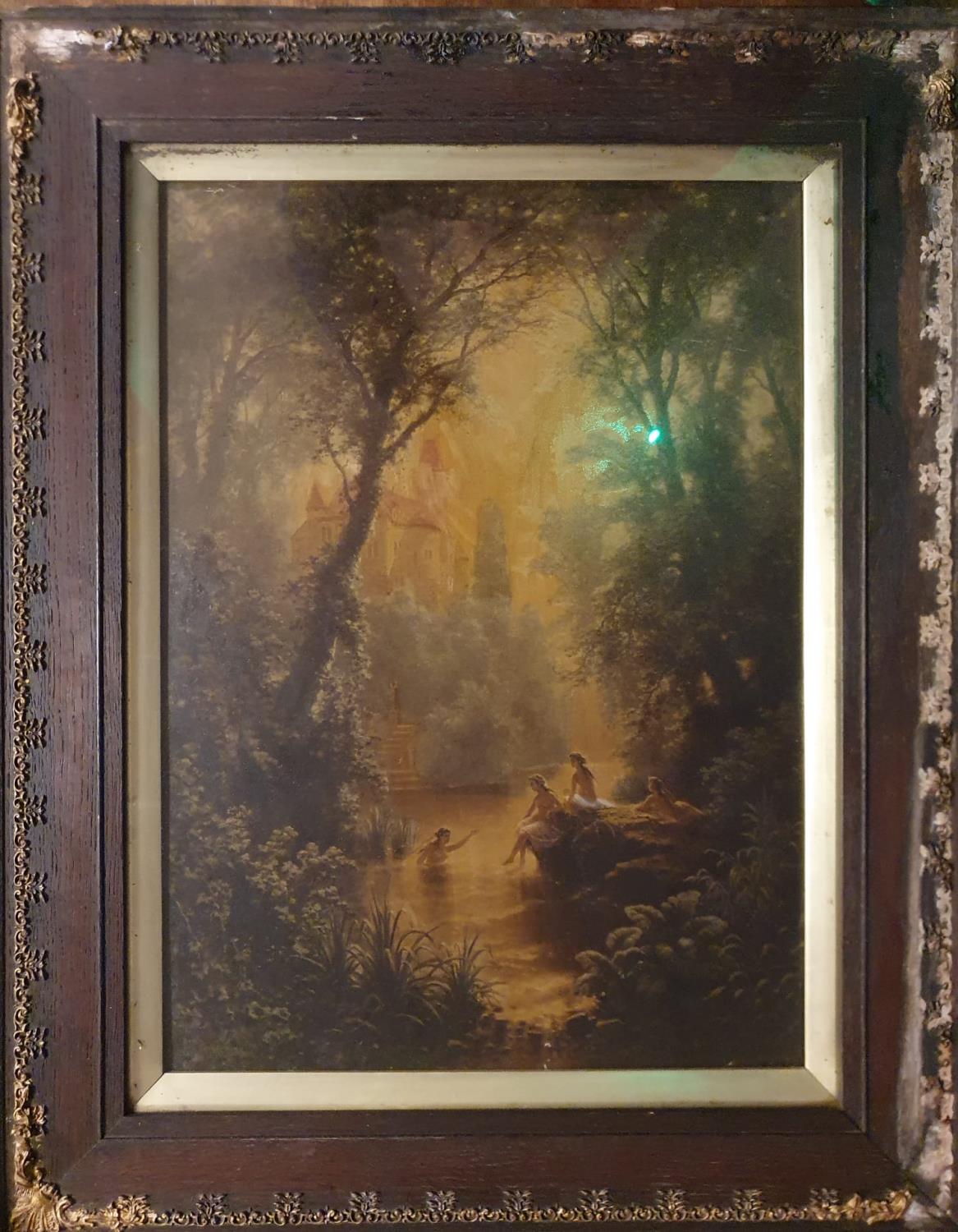 Pair of Paintings, inc a Lakeside Scene b G Hulse & an Oil on Glass Classical Woodland Scene - indis