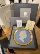 Boxed Wedgwood Framed Plaque Approx 9 inch circular. Issued to Celebrate the 60th Birthday of Queen