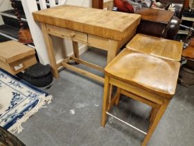 Antique Pine Butchers Block + a Pair of Vintage Pine Kitchen Stools