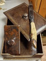 Edwardian Leather Tooled Desk Set inc a Goat Hoofed Ebony Page Turner/Letter Opener