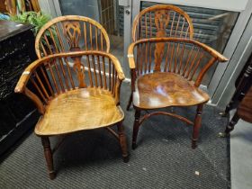 Antique Pair of 1820's Yew Wood Low Back Windsor Chairs - roughly 90cm high