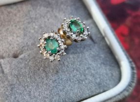 Pair of 9ct Gold, Emerald and Diamond Stud Earrings
