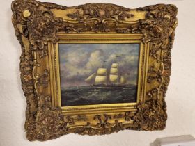 Early 19th Century Gilt Framed Oil of a Maritime Galleon Scene, signed to the bottom right corner -