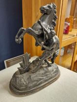 Antique Metallic (Likely Spelter) Marly Rearing Horse & Man Figure - 41cm high