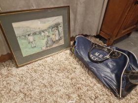 Yorkshire Cricket Leather Club Bag (Former Player's bag) + an Original 1983 Cricket Scene Watercolou
