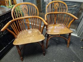 Antique Pair of 1820's Yew Wood Low Back Windsor Chairs - roughly 90cm high