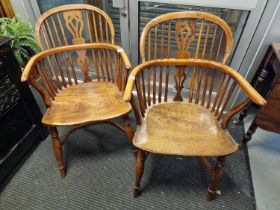 Antique Pair of 1820's Yew Wood Low Back Windsor Chairs - roughly 90cm high