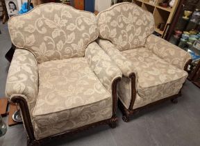 Pair of Well Upholstered Victorian Oak Armchairs - 88x82x95cm