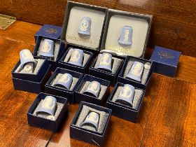 Selection of Boxed Wedgwood Kings & Queen Thimbles in Blue Jasperware with White Relief including He