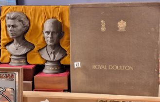 Cased 1972 Royal Doulton Black Basalt Pair of Busts commemorating Queen Elizabeth II and The Duke of