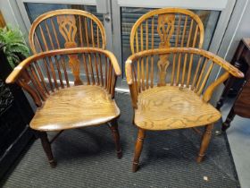 Antique Pair of 1820's Yew Wood Low Back Windsor Chairs - roughly 90cm high