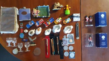 Assorted Display Cabinet Items inc Pens, Disney, Corgi Soldiers, Dunlop