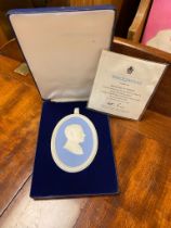 Boxed Wedgwood Portrait Medallion Approx 12cm x 8.5cm in Pale Blue & White Jasperware of Richard M N