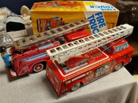 Pair of Japanese Tin Plate Fire Engine Toy Trucks Cars