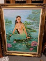 Large Oriental Made Oil on Canvas of a Mermaid