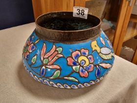 Vintage Brass & Handpainted Enamel Bowl - 21cm diameter