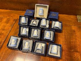 Selection of Boxed Wedgwood Kings & Queen Thimbles in Blue Jasperware with White Relief including Wi