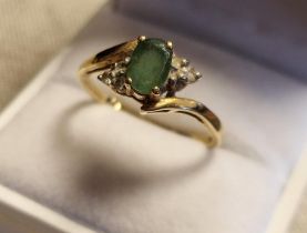 Antique 18ct Gold, Emerald & Diamond Dress Ring, 2.85g & size U