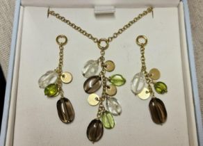 9ct Gold, Peridot & Smoky Topaz Earrings and Pendant Necklace Set - combined weight 10.85g