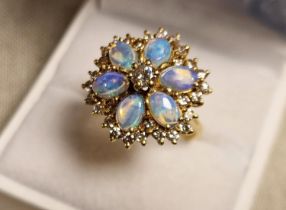 18ct Gold, Diamond & Multi Opal Cluster Ring - 6.95g & size O