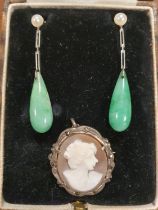Pair of 18ct Gold, Pearl & Jade Drop Earrings + a Silver Cameo