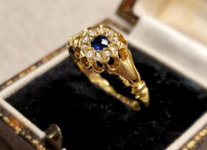 1930's 18ct Gold, Sapphire & Diamond Dress Ring - size P+0.5 & 3.2g