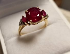 10ct Gold, Ruby & Diamond Cluster Dress Ring, 3.3g & size J