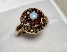 9ct Gold, Opal & Garnet Cluster Ring, Size L & 3.0g approx