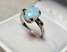 9ct White Gold Opal Set Ring, Size N and Weighs 2.4g approx