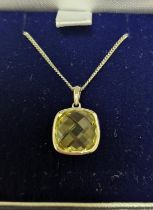 9ct White Gold & Yellow Quartz Pendant Neckace Chain, 3.85g