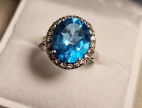 9ct White Gold, Blue Topaz & Diamond Dress Ring, 3.8g & size K