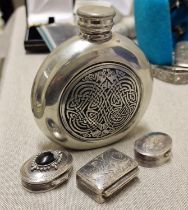 Silver Celtic Hip Flask + Three Hallmarked Silver Snuff Boxes