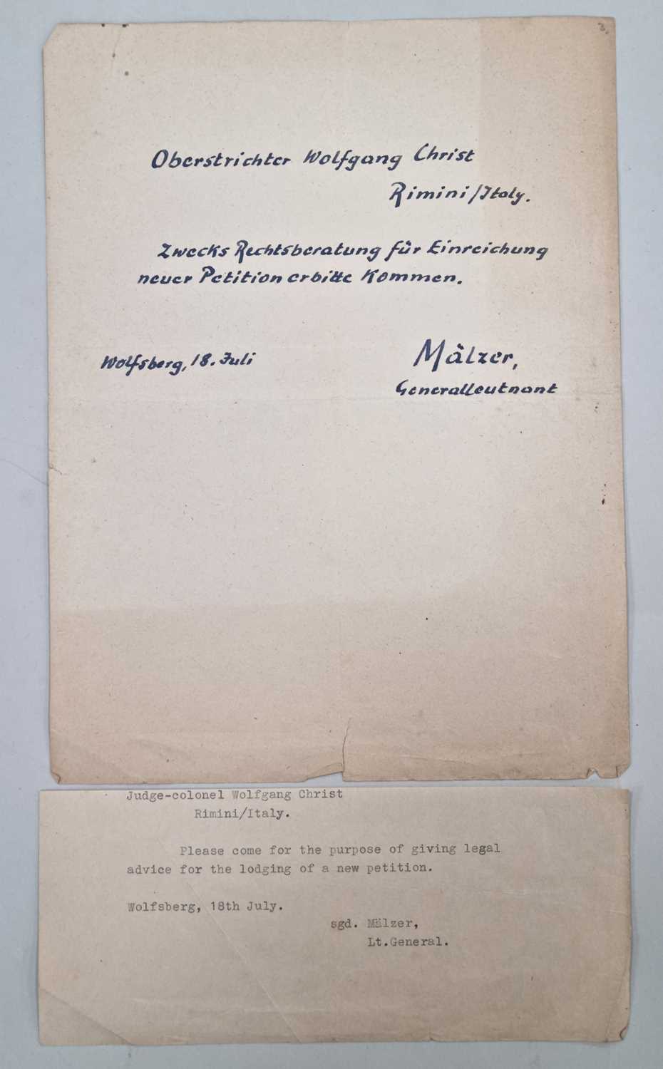 Kurt Mälzer, Gemran Luftwaffe General and War Criminal - Autograph telegram