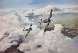 After Robert Taylor (b.1951) 'Duel of Eagles', three identical prints signed by Douglas Bader and