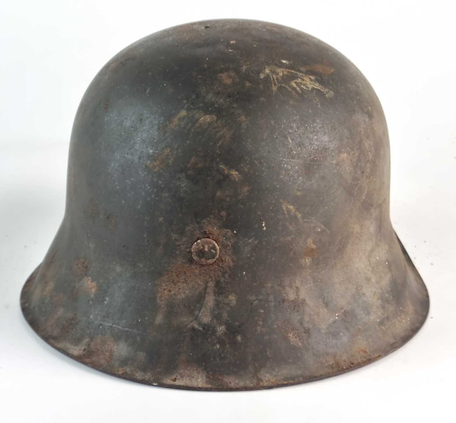 A German M42 helmet, with single post-war SS-style decal and a post-war brown eight-finger leather - Image 2 of 7