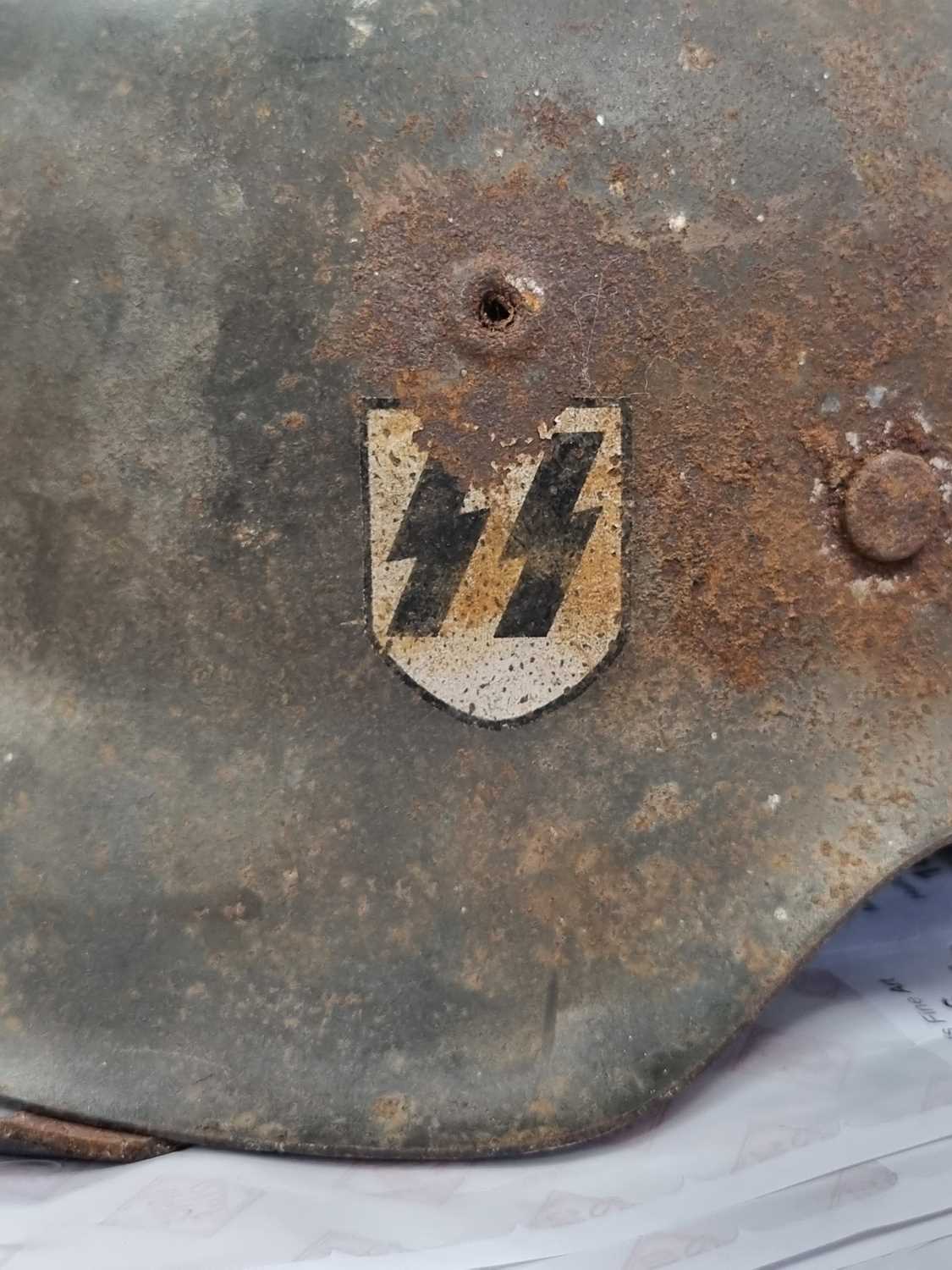 A German M42 helmet, with single post-war SS-style decal and a post-war brown eight-finger leather - Image 5 of 7