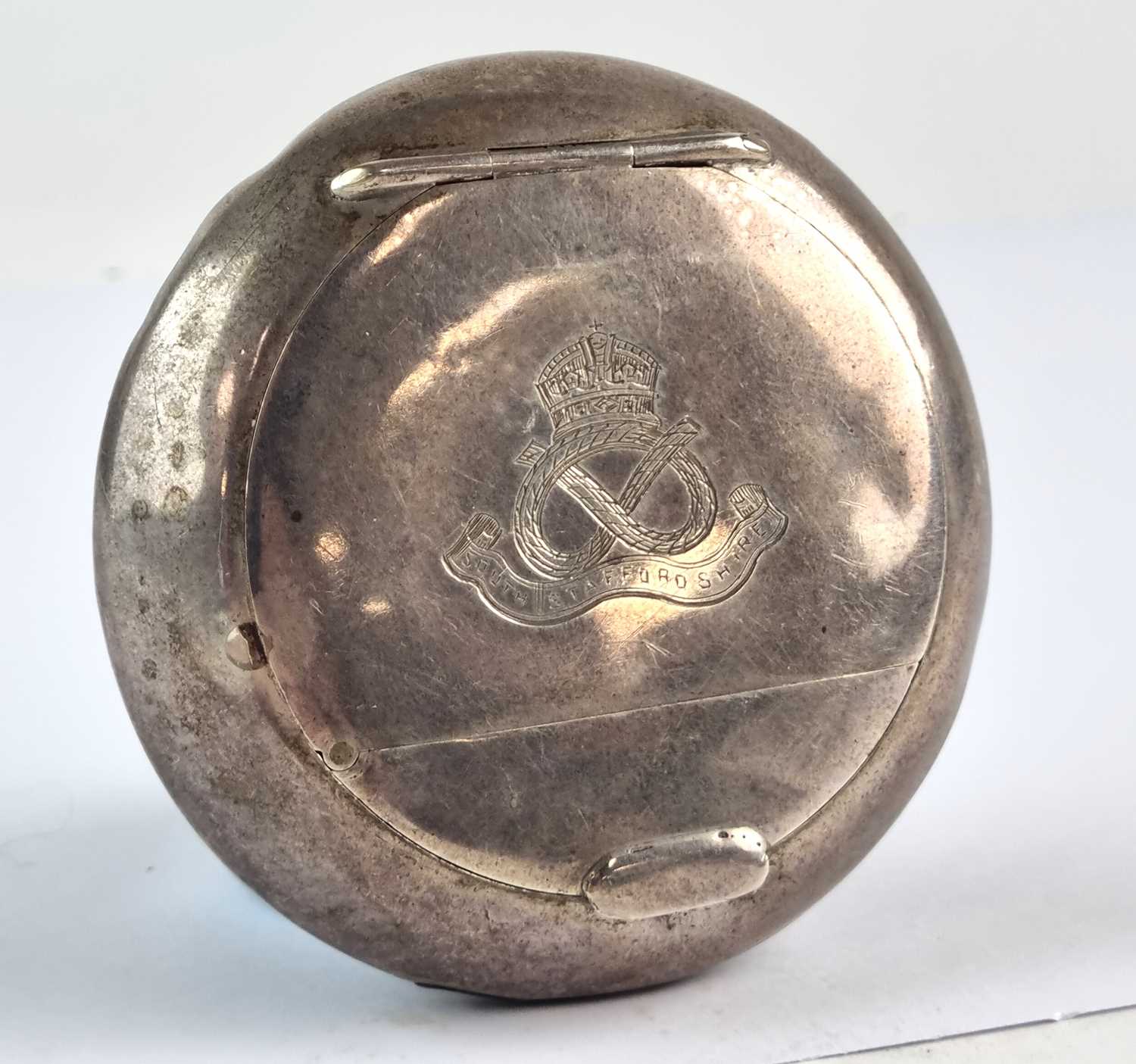 A military silver circular snuff box with hinged cover, Birmingham 1912, with match striker in edge, - Image 2 of 6