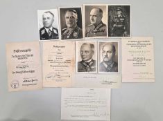 Group of German Third Reich award certificates and postcard photographs
