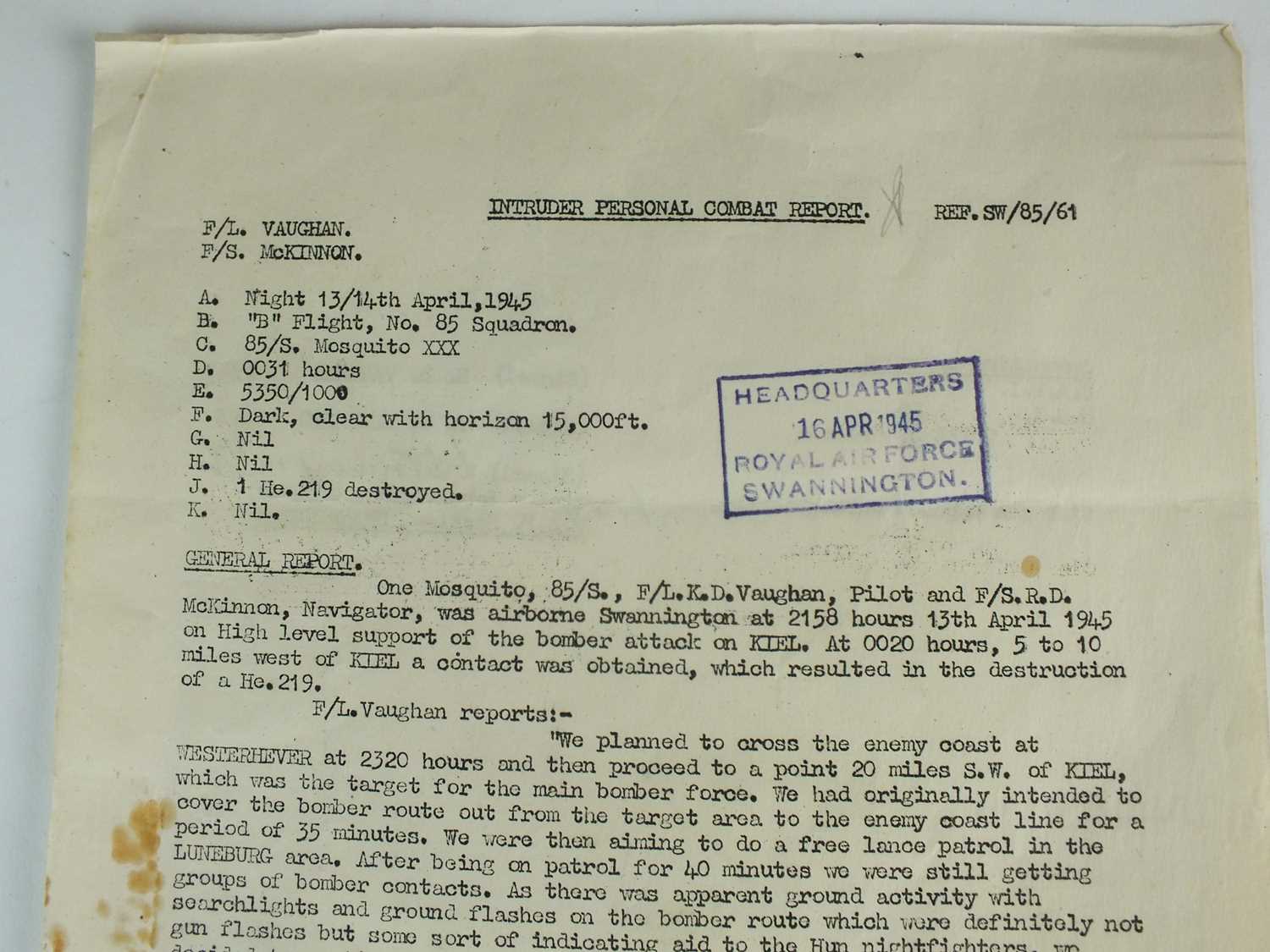 WW2 - RAF Intruder Personal Combat Report - Downed He 219 aircraft - Image 5 of 7