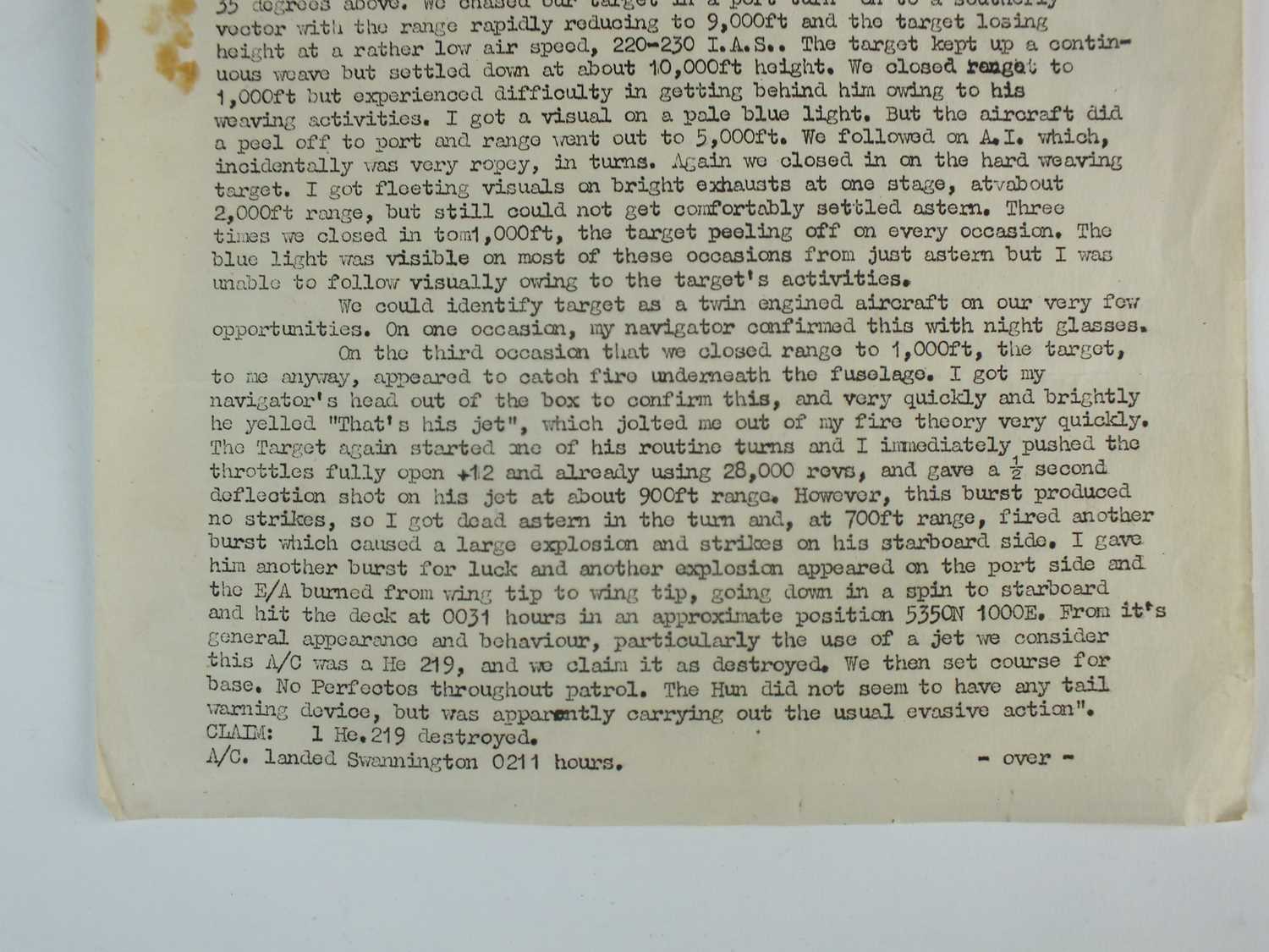 WW2 - RAF Intruder Personal Combat Report - Downed He 219 aircraft - Image 3 of 7