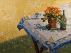 Terrance Crosby (b.1949) Still Life Outdoor Table with Geraniums