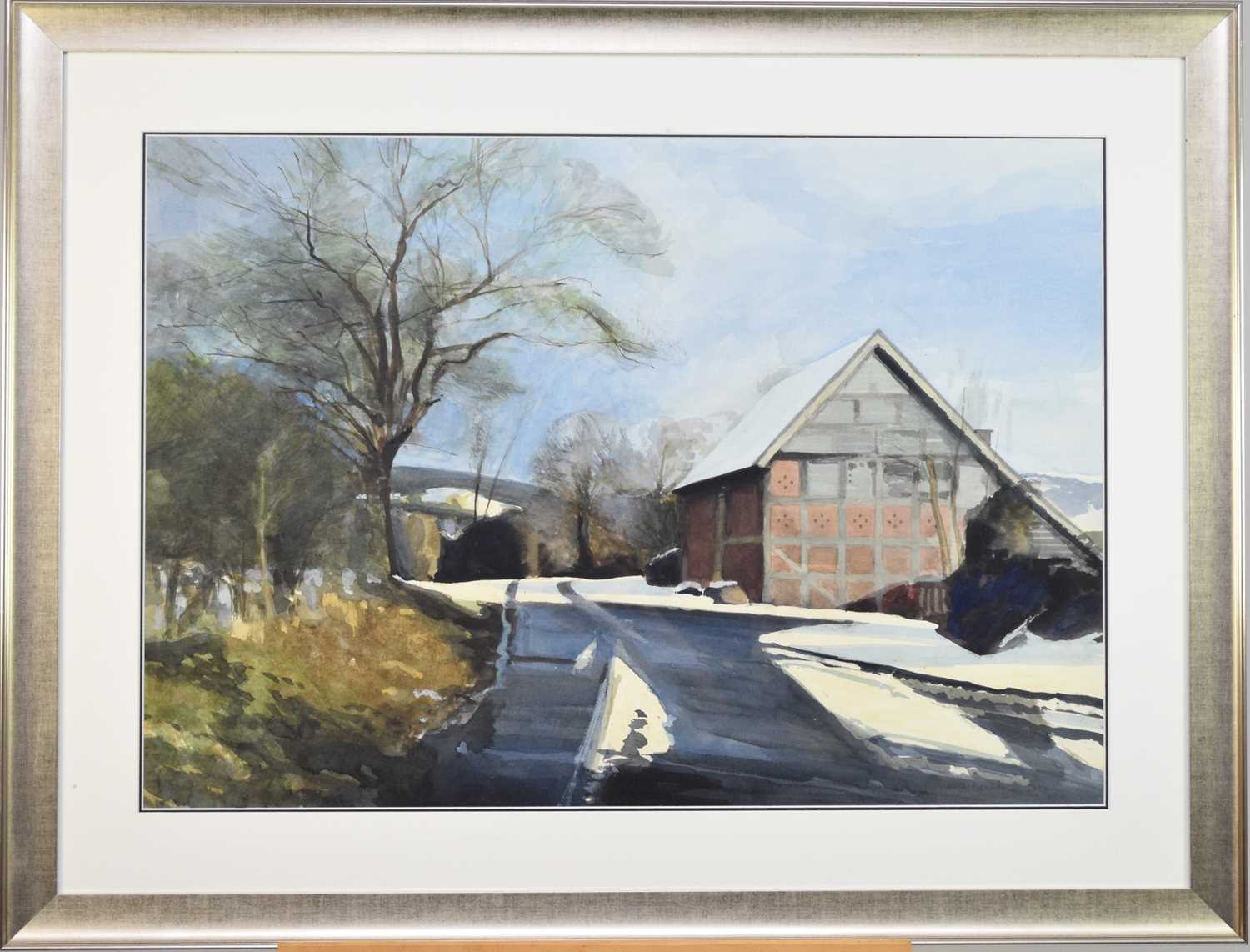 David Prentice (1936-2014) oak half timbered barn in snowy landscape - Image 2 of 4