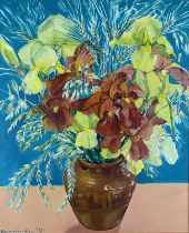 Beverley Fry (b.1948) Yellow and Ginger Iris in a French Pot